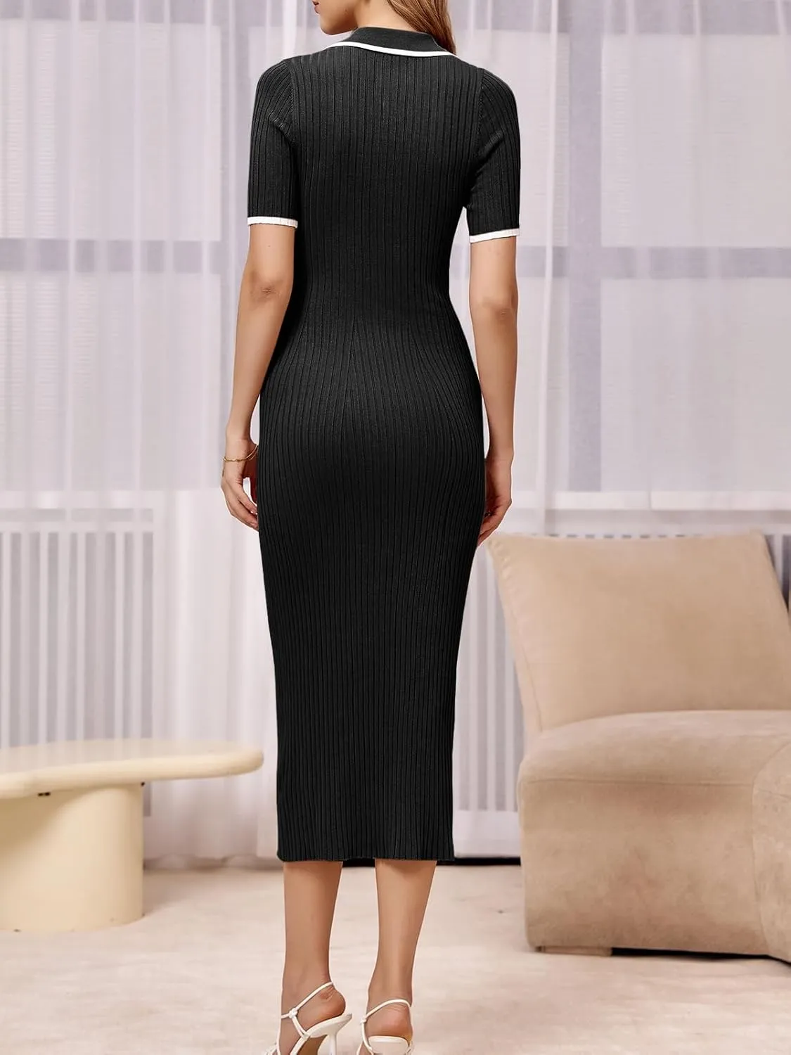 Saodimallsu Womens Short Sleeve Maxi Dress Summer Bodycon Button V Neck Collared Knit Elegant Party Long Sweater Dresses