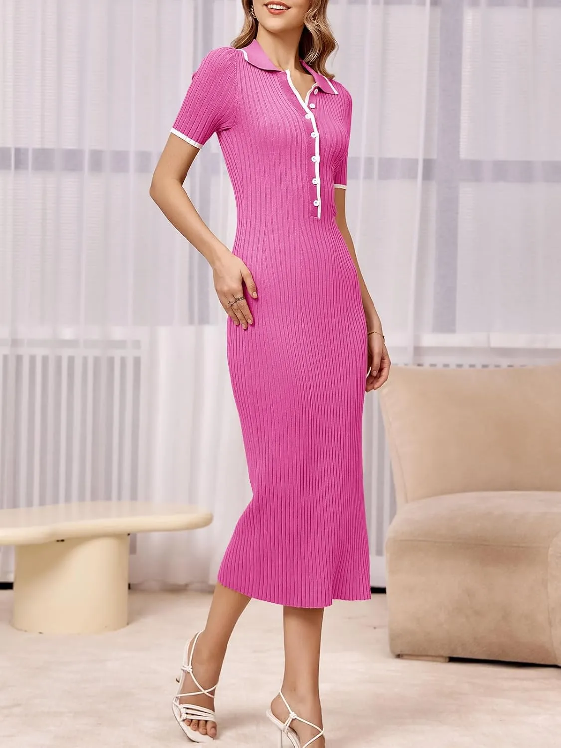 Saodimallsu Womens Short Sleeve Maxi Dress Summer Bodycon Button V Neck Collared Knit Elegant Party Long Sweater Dresses