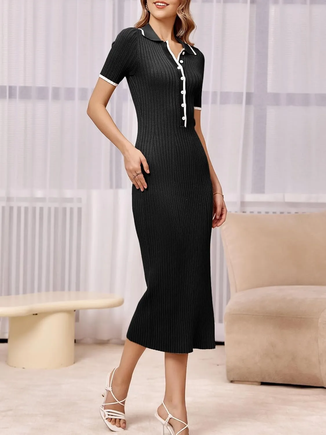 Saodimallsu Womens Short Sleeve Maxi Dress Summer Bodycon Button V Neck Collared Knit Elegant Party Long Sweater Dresses