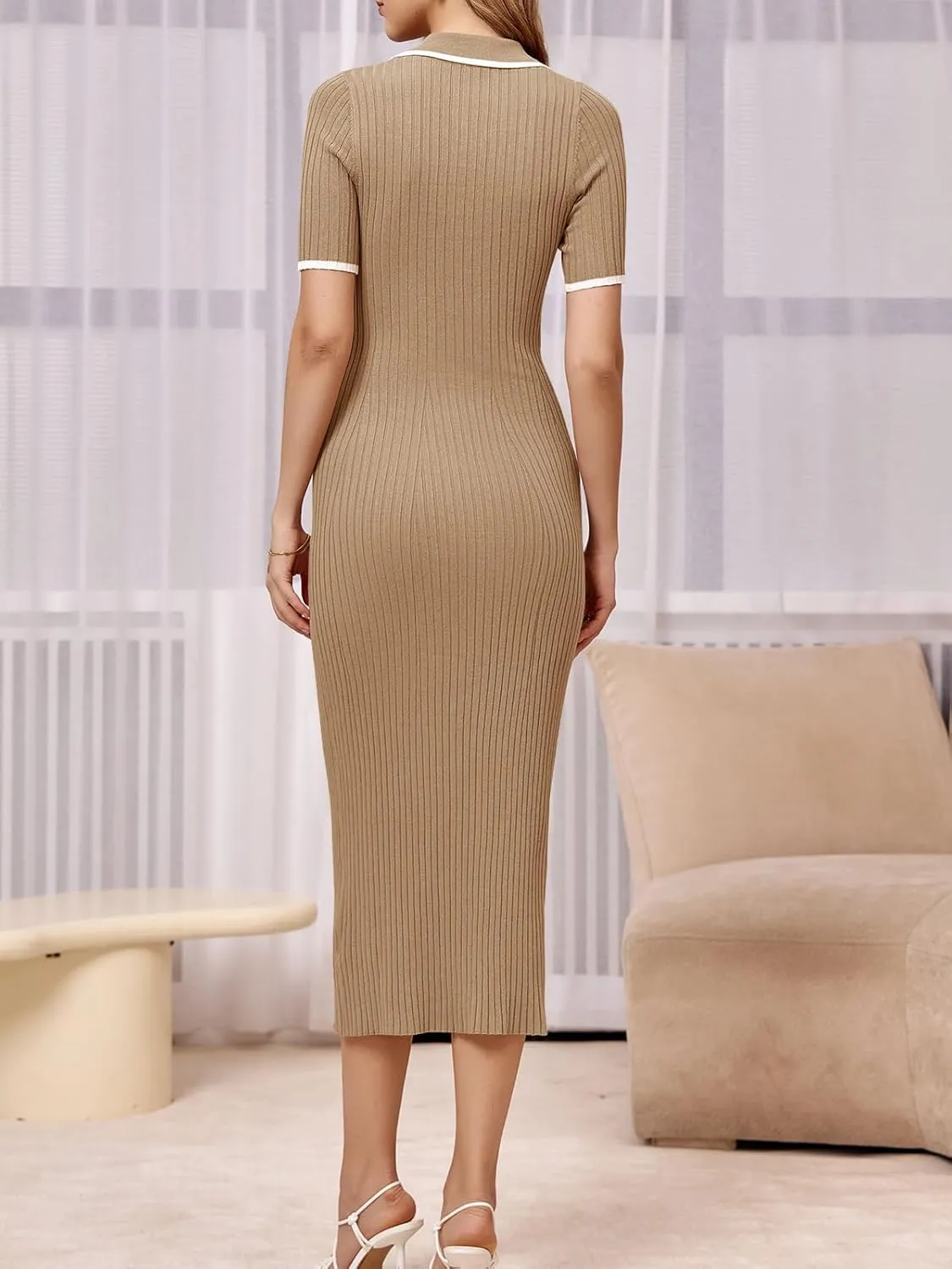 Saodimallsu Womens Short Sleeve Maxi Dress Summer Bodycon Button V Neck Collared Knit Elegant Party Long Sweater Dresses