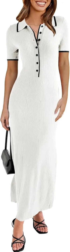 Saodimallsu Womens Short Sleeve Maxi Dress Summer Bodycon Button V Neck Collared Knit Elegant Party Long Sweater Dresses