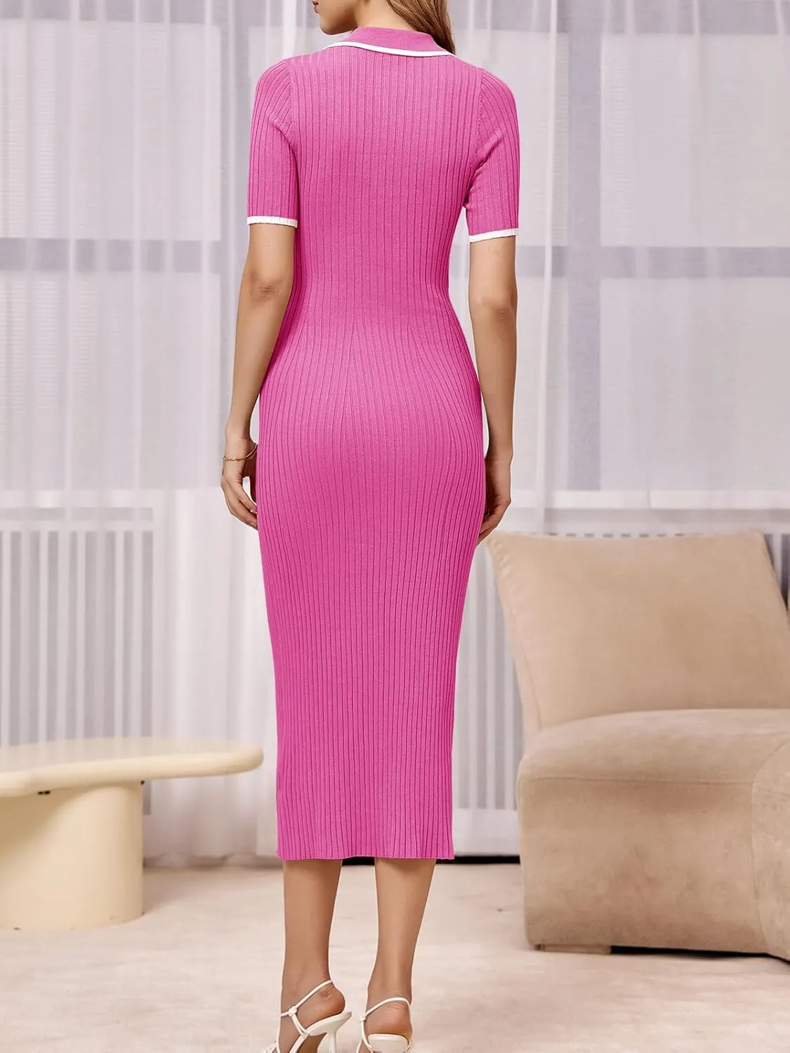 Saodimallsu Womens Short Sleeve Maxi Dress Summer Bodycon Button V Neck Collared Knit Elegant Party Long Sweater Dresses