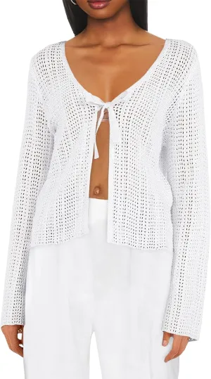 Saodimallsu Womens Summer Crochet Lightweight Cardigans Tie Front Mesh Knit Long Sleeve Casual V Neck Beach Cover Ups