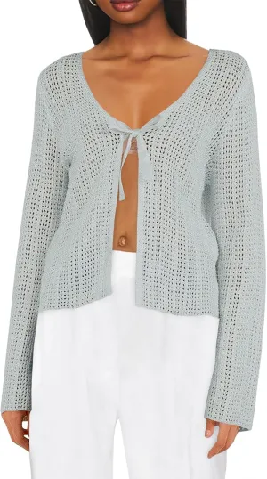 Saodimallsu Womens Summer Crochet Lightweight Cardigans Tie Front Mesh Knit Long Sleeve Casual V Neck Beach Cover Ups