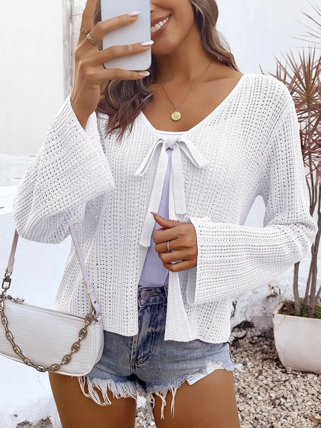 Saodimallsu Womens Summer Crochet Lightweight Cardigans Tie Front Mesh Knit Long Sleeve Casual V Neck Beach Cover Ups