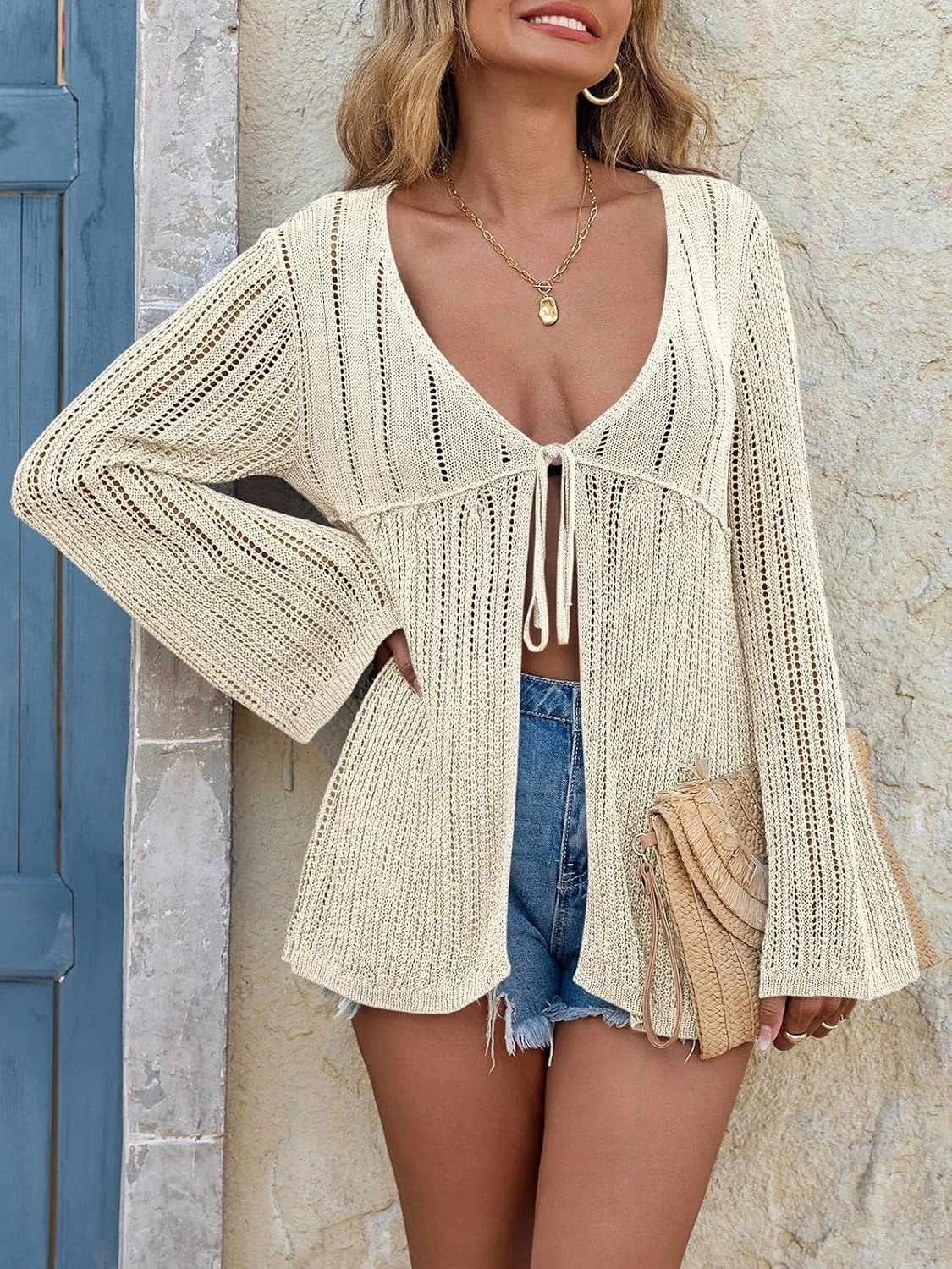 Saodimallsu Womens Summer Lightweight Tie Front Cardigans Crochet Knit Long Bell Sleeve Casual V Neck Beach Cover Ups