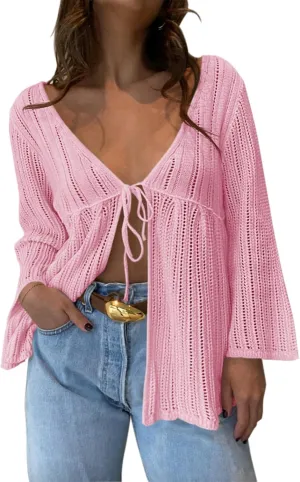Saodimallsu Womens Summer Lightweight Tie Front Cardigans Crochet Knit Long Bell Sleeve Casual V Neck Beach Cover Ups