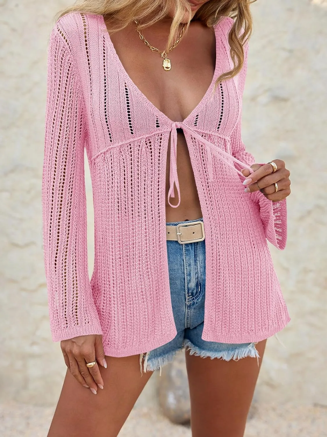 Saodimallsu Womens Summer Lightweight Tie Front Cardigans Crochet Knit Long Bell Sleeve Casual V Neck Beach Cover Ups
