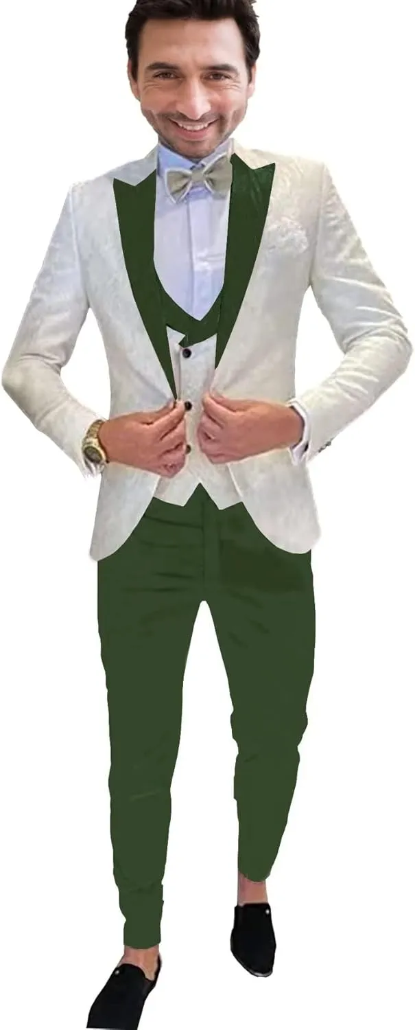 SAROULU Men 3 Pieces Floral Jacket Pants Vest Party Blazers Formal Suit Set Wedding Tuxedo