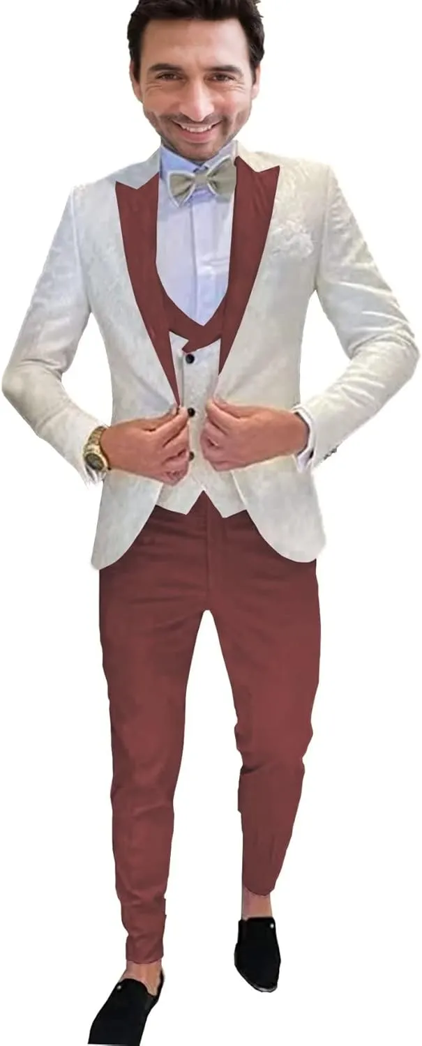 SAROULU Men 3 Pieces Floral Jacket Pants Vest Party Blazers Formal Suit Set Wedding Tuxedo