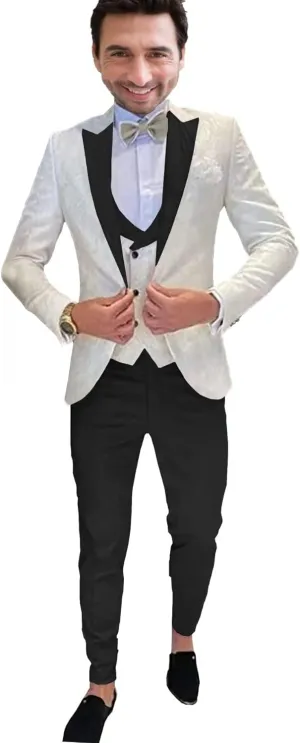 SAROULU Men 3 Pieces Floral Jacket Pants Vest Party Blazers Formal Suit Set Wedding Tuxedo