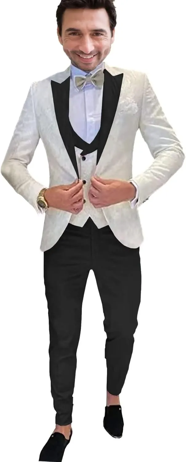 SAROULU Men 3 Pieces Floral Jacket Pants Vest Party Blazers Formal Suit Set Wedding Tuxedo