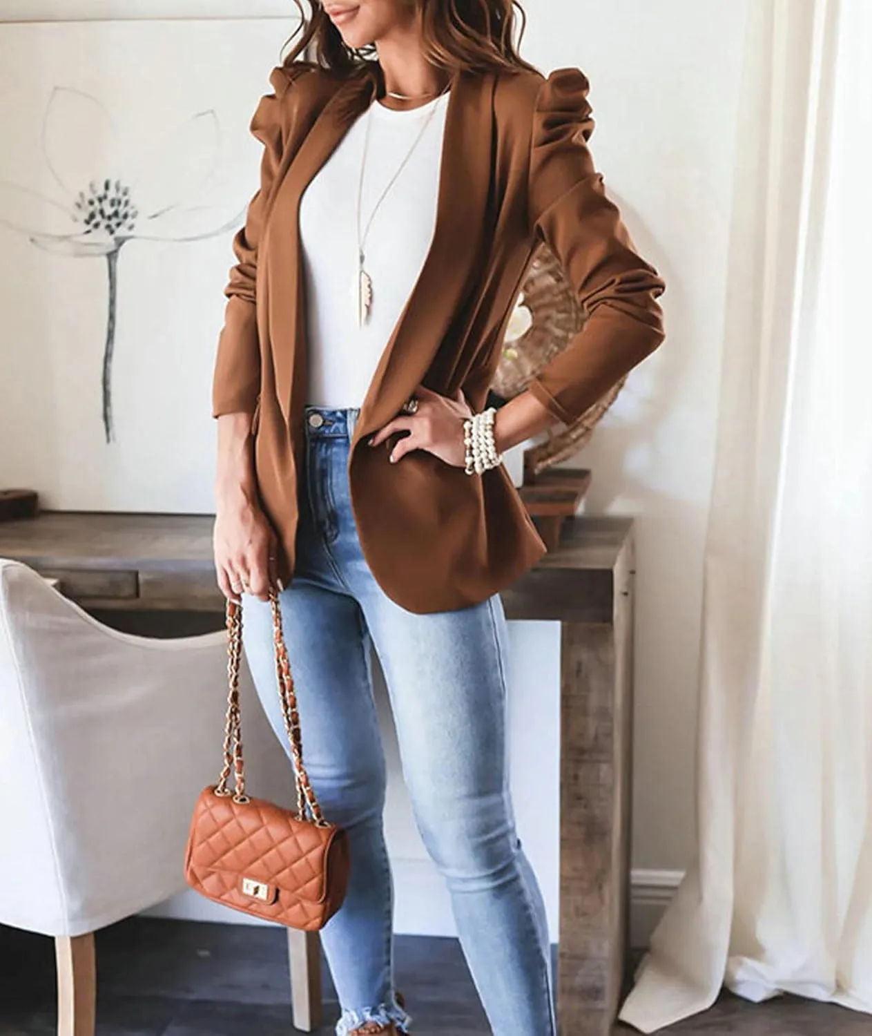 SEMATOMALA Women's Puff Sleeve Shoulder Pad Slim Business Blazer Suit Casual Lapel Open Front Work Office Jacket with Pockets