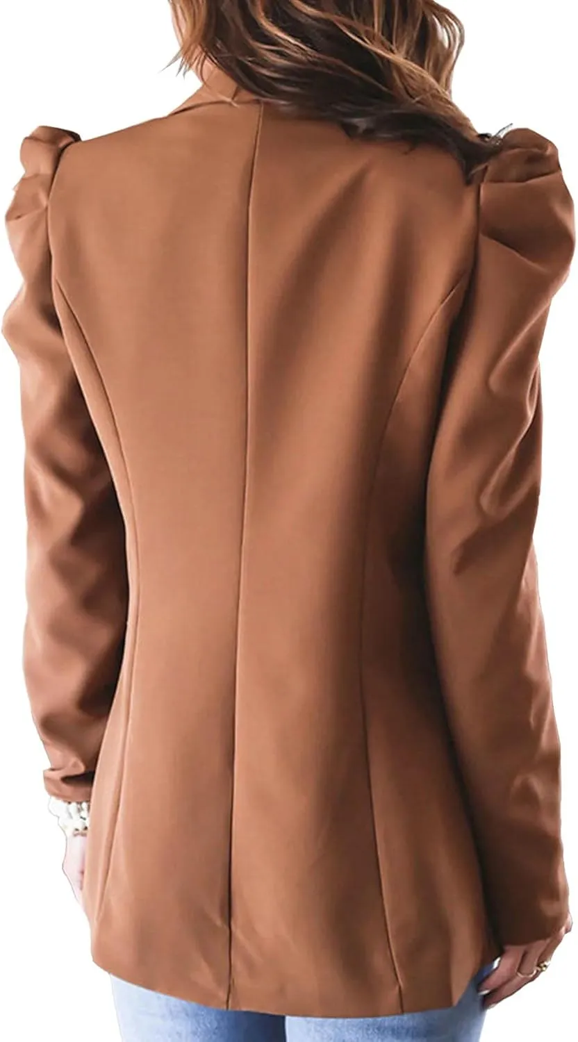 SEMATOMALA Women's Puff Sleeve Shoulder Pad Slim Business Blazer Suit Casual Lapel Open Front Work Office Jacket with Pockets