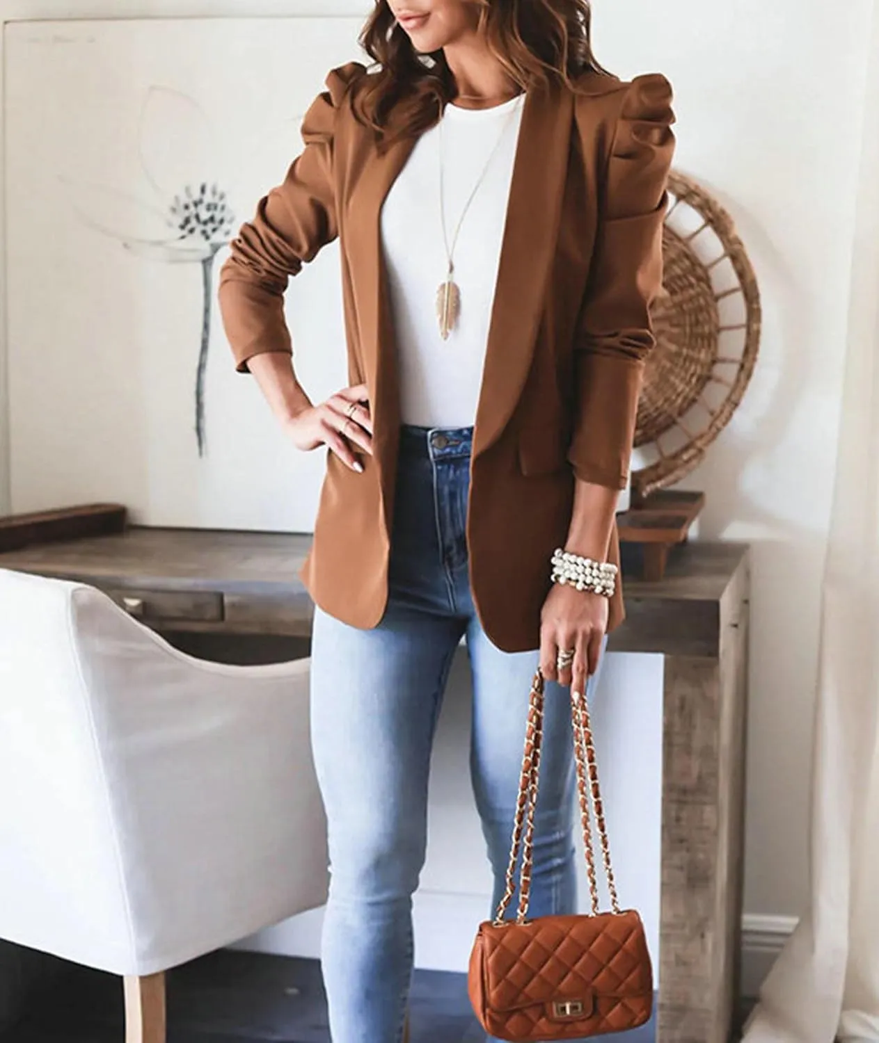 SEMATOMALA Women's Puff Sleeve Shoulder Pad Slim Business Blazer Suit Casual Lapel Open Front Work Office Jacket with Pockets