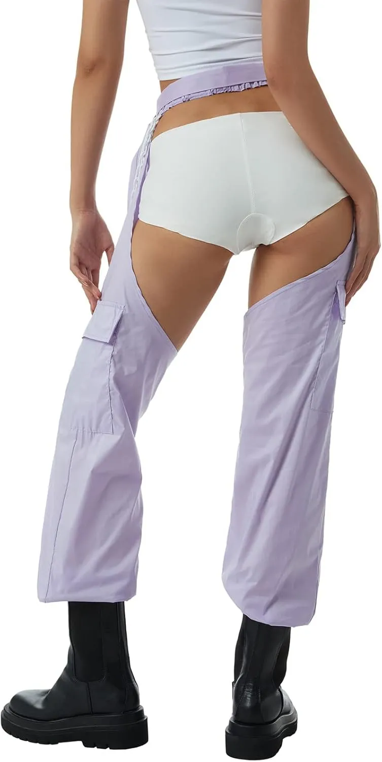 Sexy Buckle Bottomless Pants Women Hollow Out High Waist Rave Chaps Hiphop Rock Crotch Pants Belted Cargo Trousers