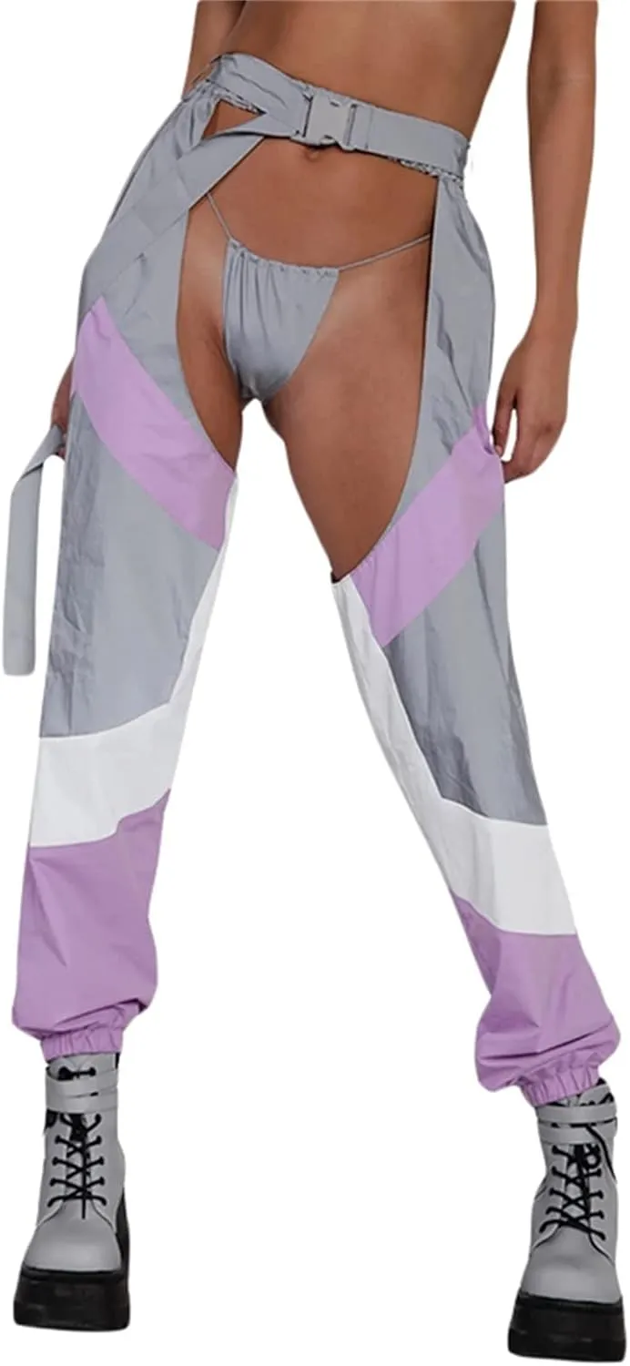 Sexy Buckle Bottomless Pants Women Hollow Out High Waist Rave Chaps Hiphop Rock Crotch Pants Belted Cargo Trousers