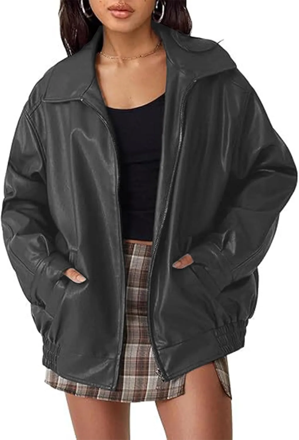 Sexyshine Women's Oversized Jackets PU Leather Leather Faux Motorcycle Plus Size Moto Biker Coat Fall Outfits