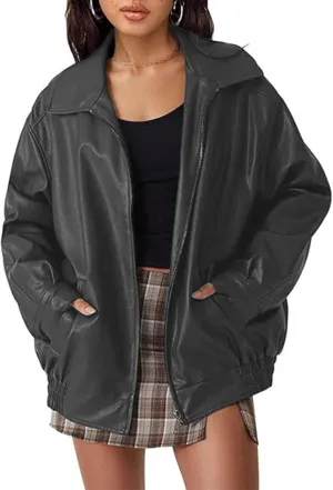 Sexyshine Women's Oversized Jackets PU Leather Leather Faux Motorcycle Plus Size Moto Biker Coat Fall Outfits