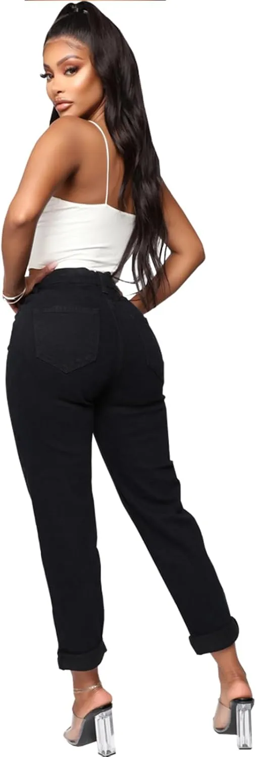 SheKiss Boyfriend Stretchy Jeans for Women - Distressed Frayed High Waisted Trendy Denim Blue Jeans
