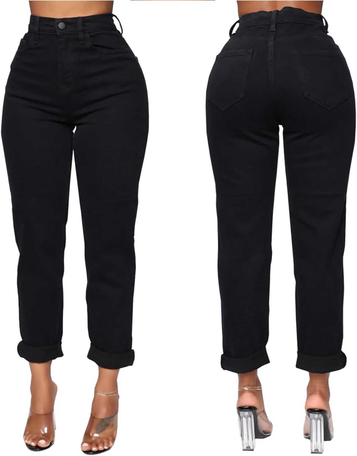 SheKiss Boyfriend Stretchy Jeans for Women - Distressed Frayed High Waisted Trendy Denim Blue Jeans