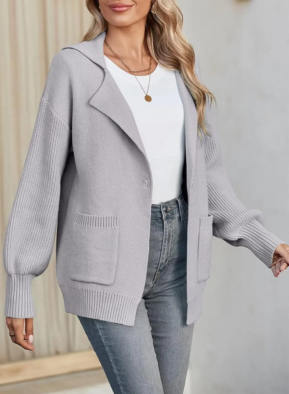 SHEWIN Women Open Front Knit Sweater Button Casual Long Sleeve V Neck Cardigan