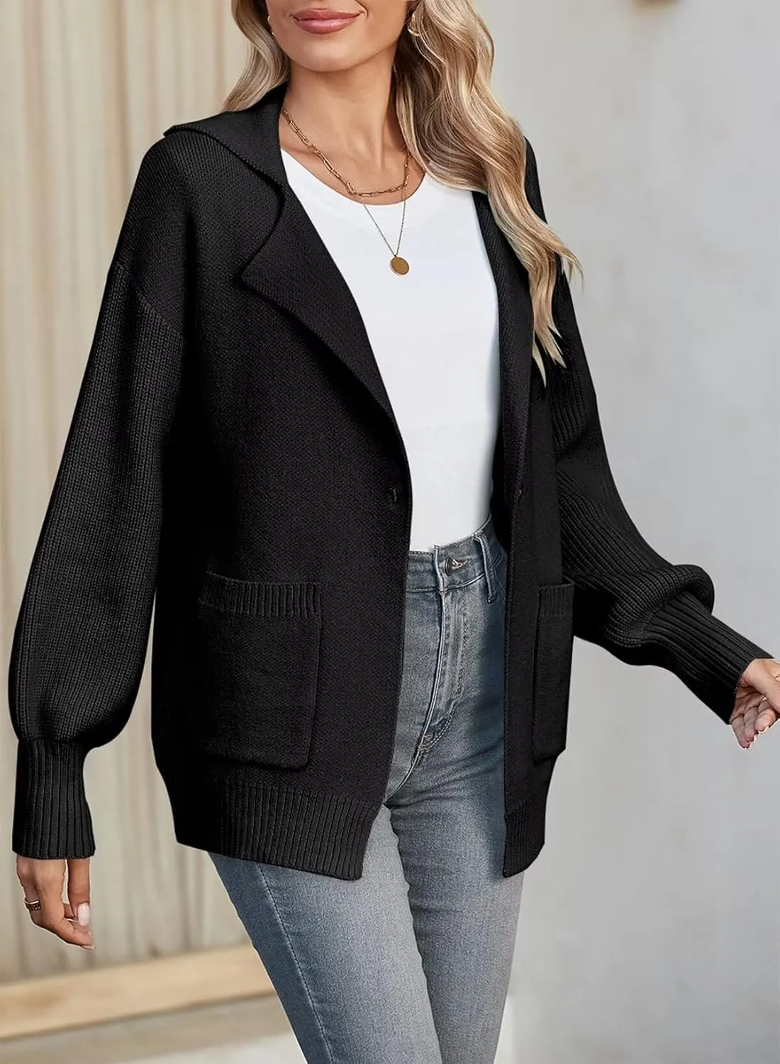 SHEWIN Women Open Front Knit Sweater Button Casual Long Sleeve V Neck Cardigan