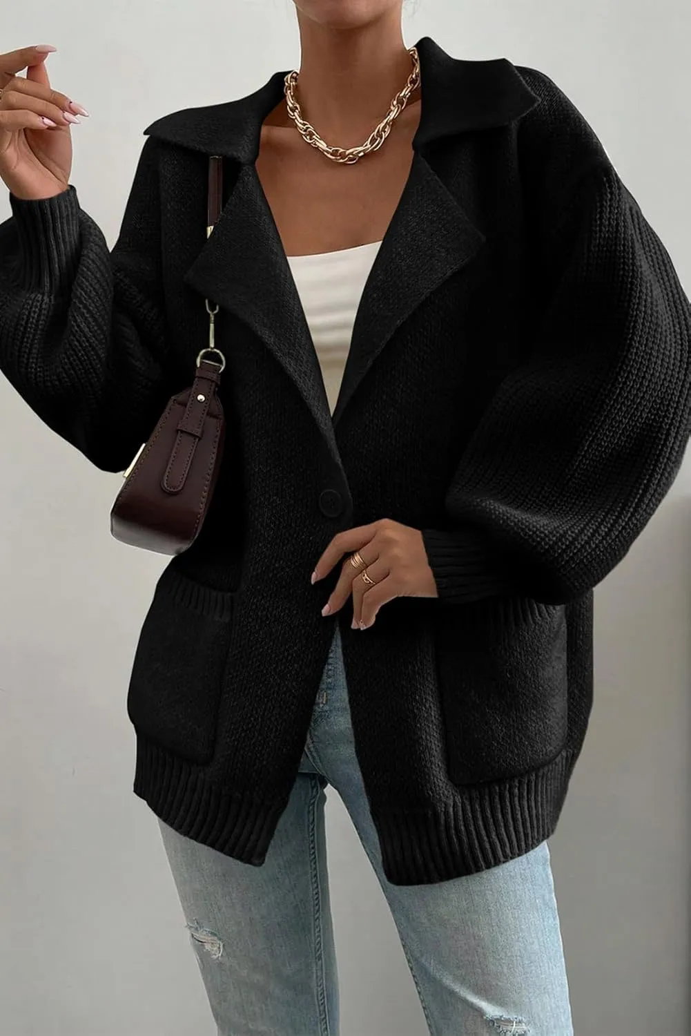SHEWIN Women Open Front Knit Sweater Button Casual Long Sleeve V Neck Cardigan