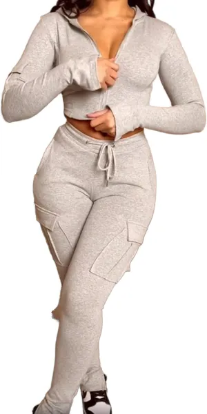 SHINFY Women's 2 Piece Outfits Bodycon Cropped Hoodie Cargo Sweatpants Leggings Jogger Sweatsuits Tracksuit