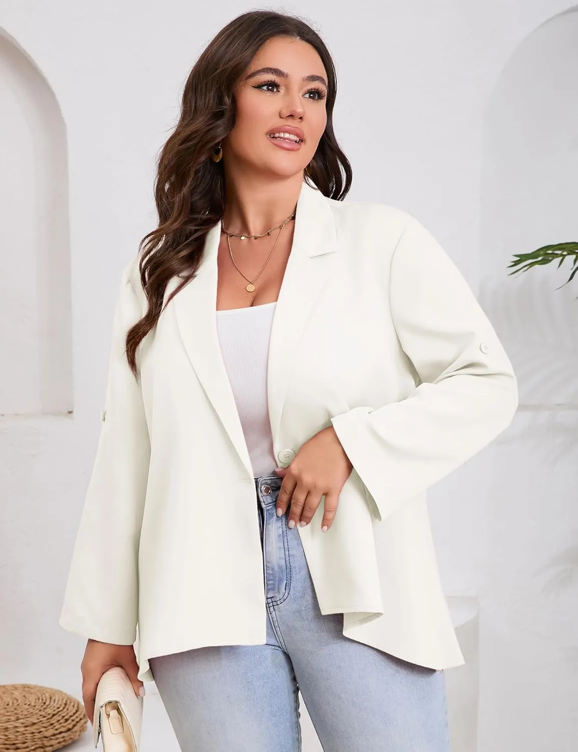 ShopWonder Womens Plus Size Long Sleeve Classic Draped Open Front Lightweight Blazer
