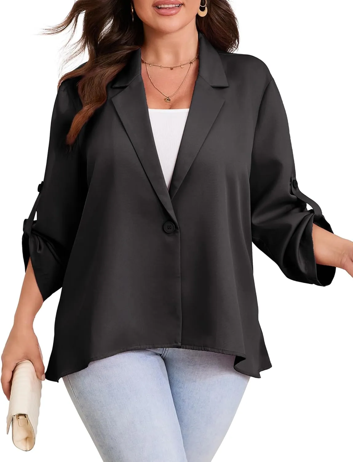 ShopWonder Womens Plus Size Long Sleeve Classic Draped Open Front Lightweight Blazer