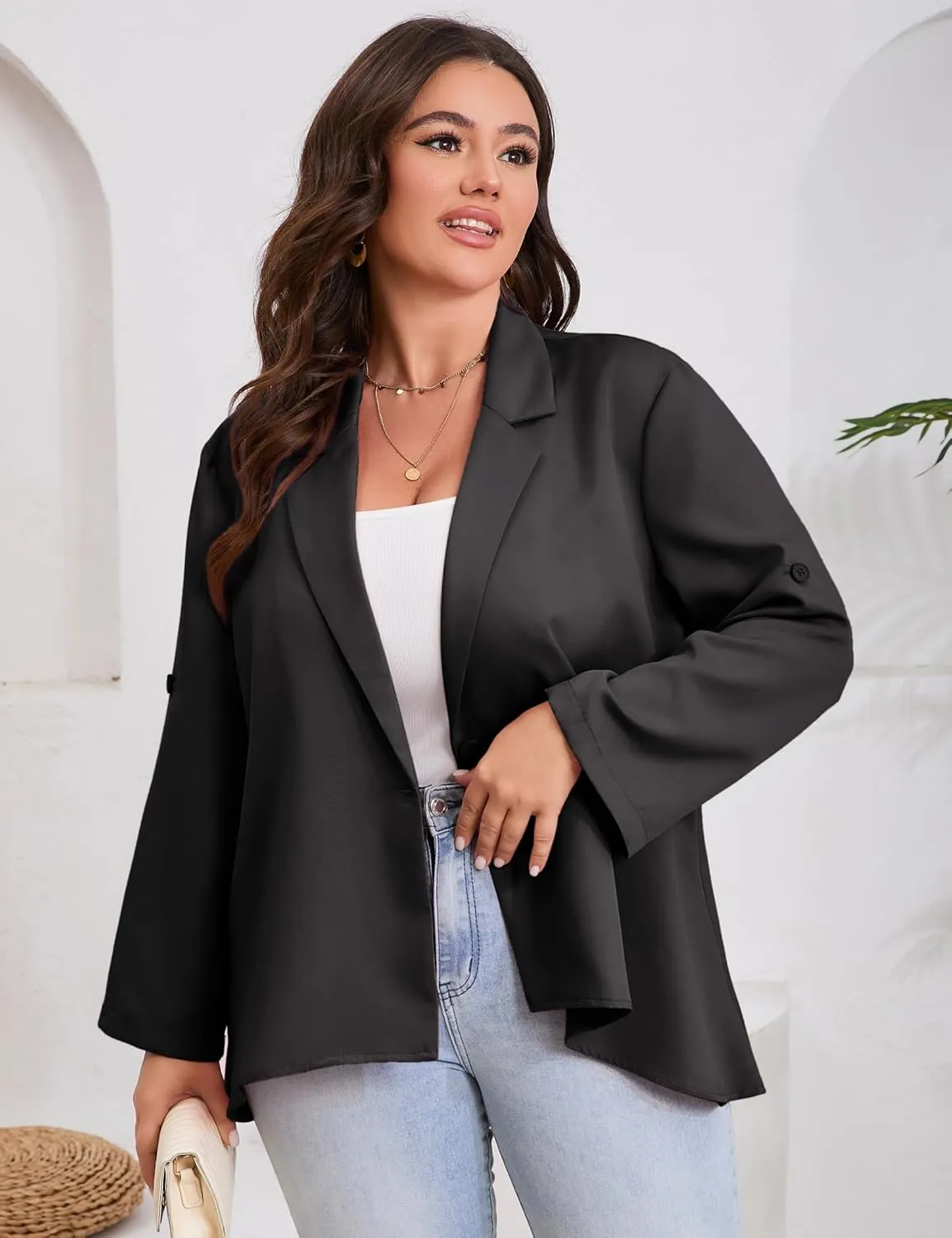 ShopWonder Womens Plus Size Long Sleeve Classic Draped Open Front Lightweight Blazer