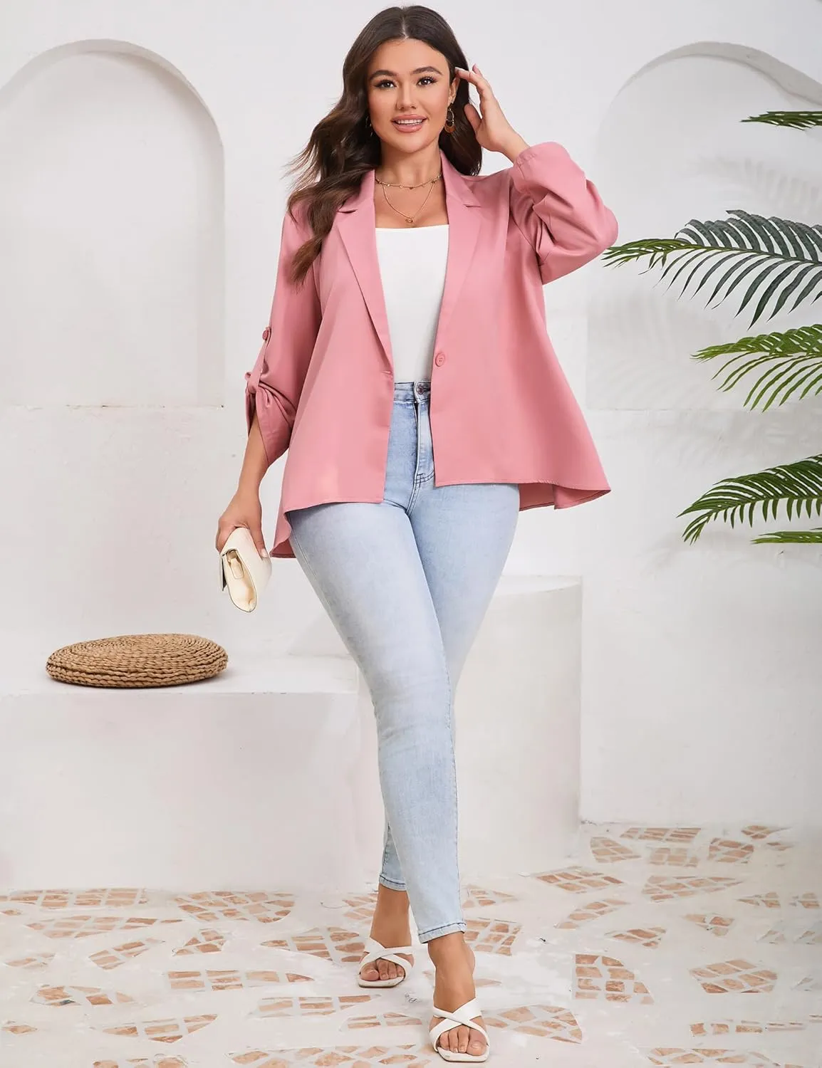 ShopWonder Womens Plus Size Long Sleeve Classic Draped Open Front Lightweight Blazer