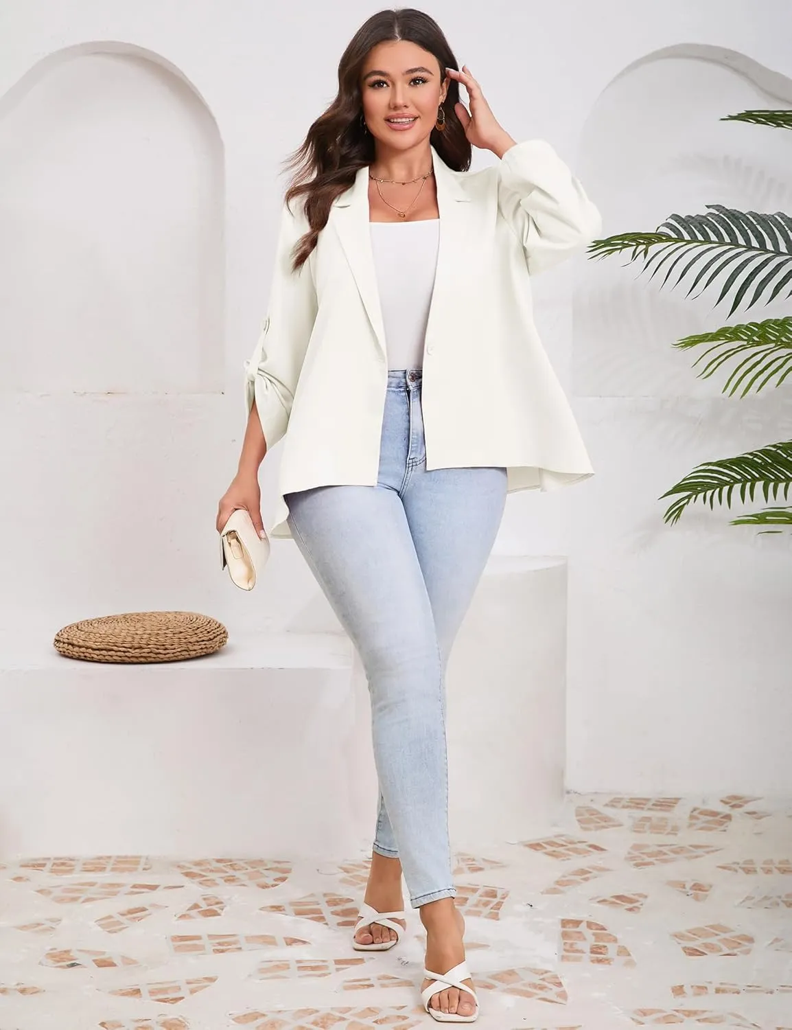 ShopWonder Womens Plus Size Long Sleeve Classic Draped Open Front Lightweight Blazer