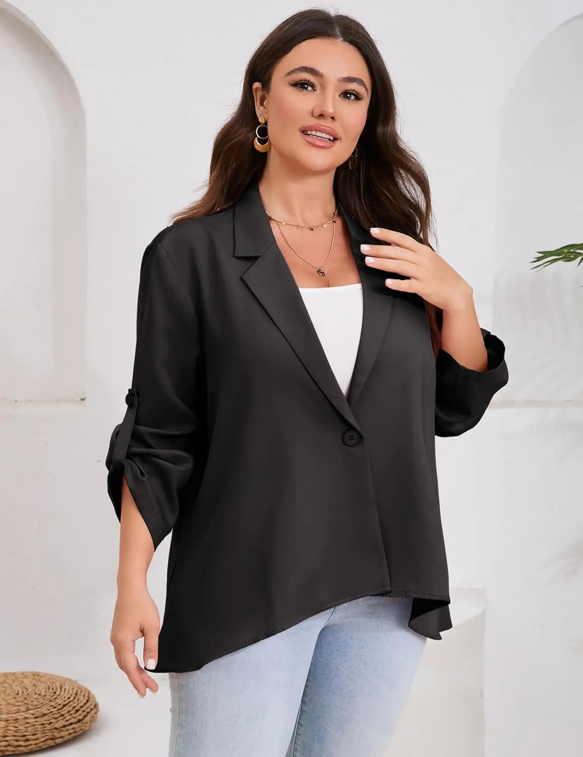 ShopWonder Womens Plus Size Long Sleeve Classic Draped Open Front Lightweight Blazer