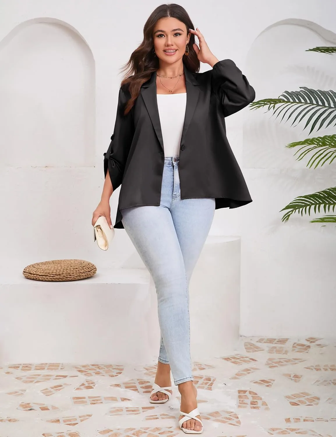 ShopWonder Womens Plus Size Long Sleeve Classic Draped Open Front Lightweight Blazer