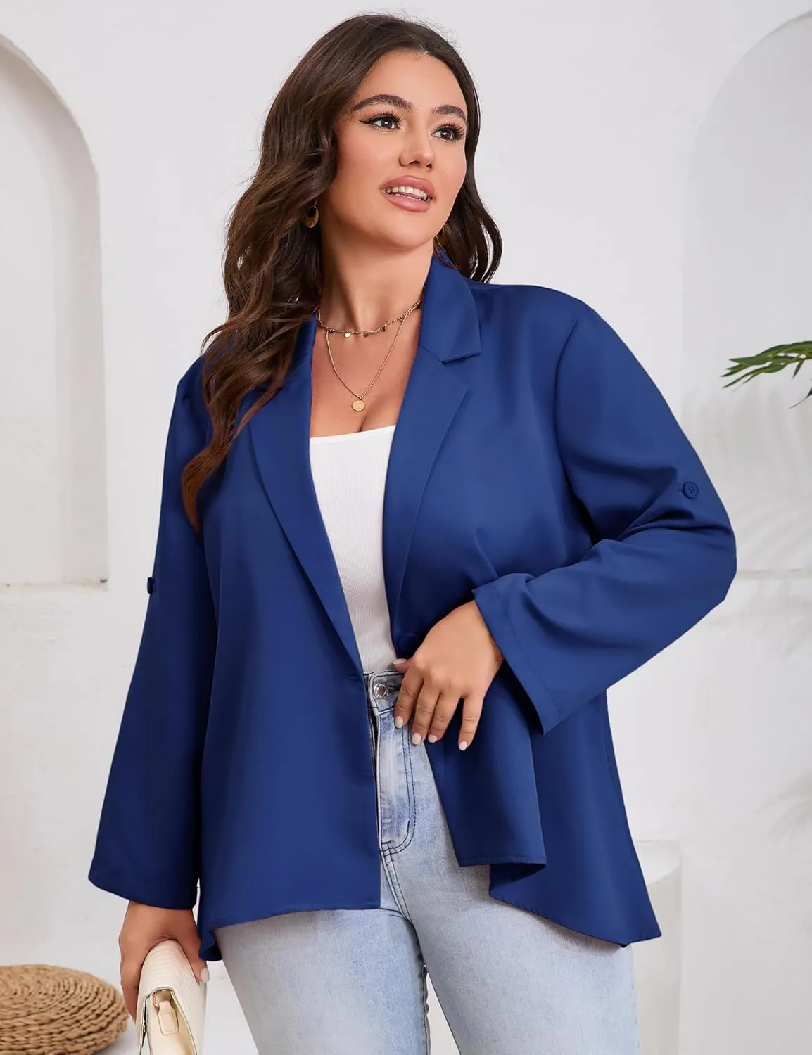 ShopWonder Womens Plus Size Long Sleeve Classic Draped Open Front Lightweight Blazer