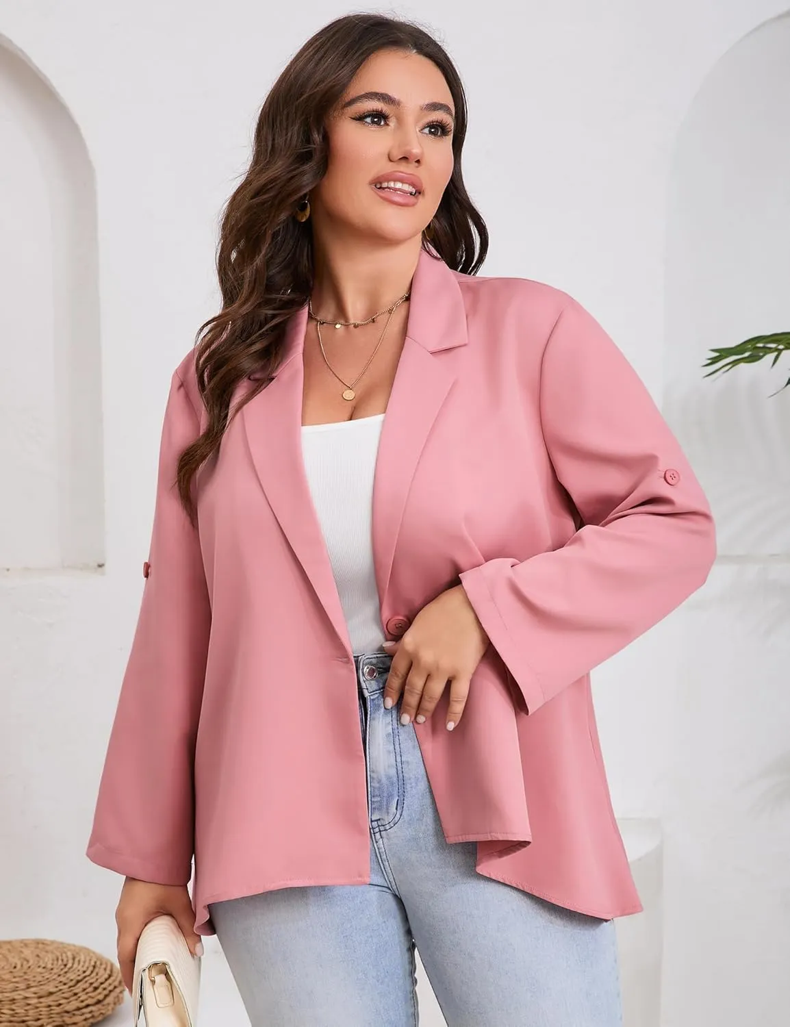 ShopWonder Womens Plus Size Long Sleeve Classic Draped Open Front Lightweight Blazer