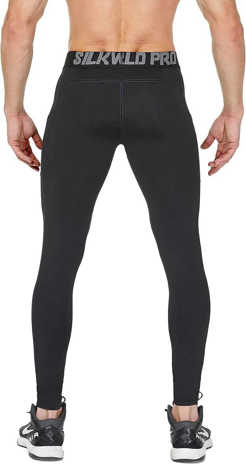 SILKWORLD Men's 1~3 Pack Compression Pants Pockets Cool Dry Gym Leggings Baselayer Running Tights
