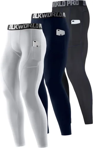 SILKWORLD Men's 1~3 Pack Compression Pants Pockets Cool Dry Gym Leggings Baselayer Running Tights