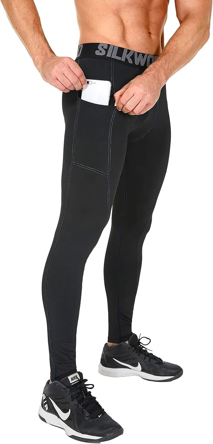 SILKWORLD Men's 1~3 Pack Compression Pants Pockets Cool Dry Gym Leggings Baselayer Running Tights
