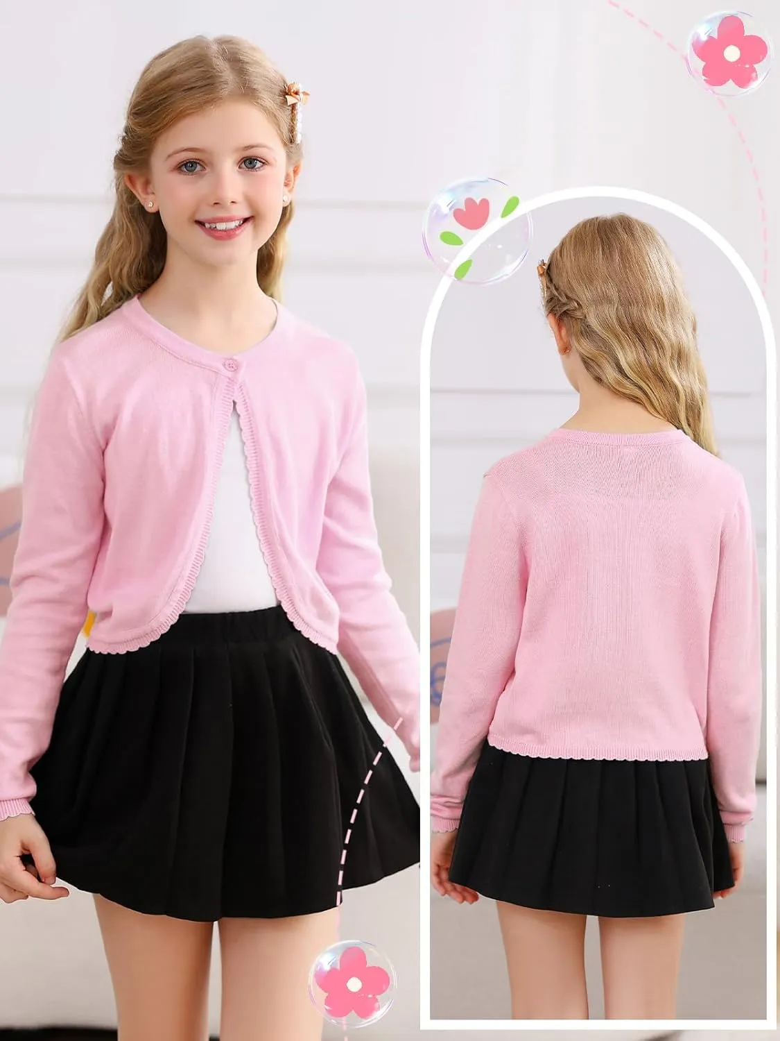 Soudittur Girls Cardigan Sweaters Cotton Long Sleeve Toddler Shrug Button Closure Knitted Dress Cover Up 3-12 Years