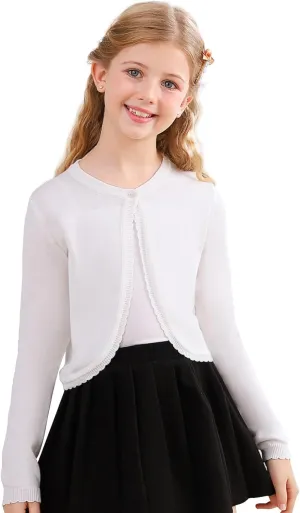 Soudittur Girls Cardigan Sweaters Cotton Long Sleeve Toddler Shrug Button Closure Knitted Dress Cover Up 3-12 Years