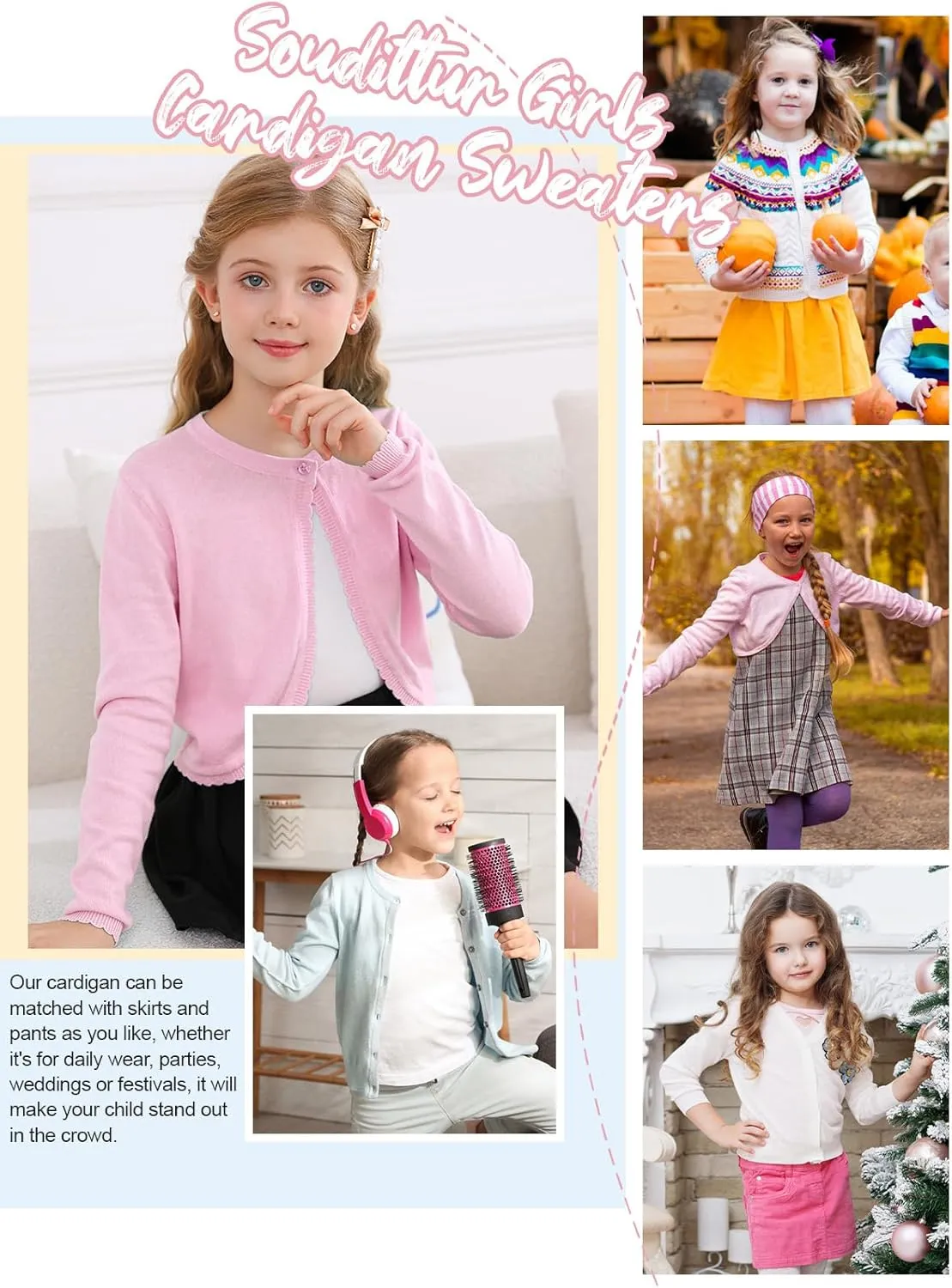 Soudittur Girls Cardigan Sweaters Cotton Long Sleeve Toddler Shrug Button Closure Knitted Dress Cover Up 3-12 Years