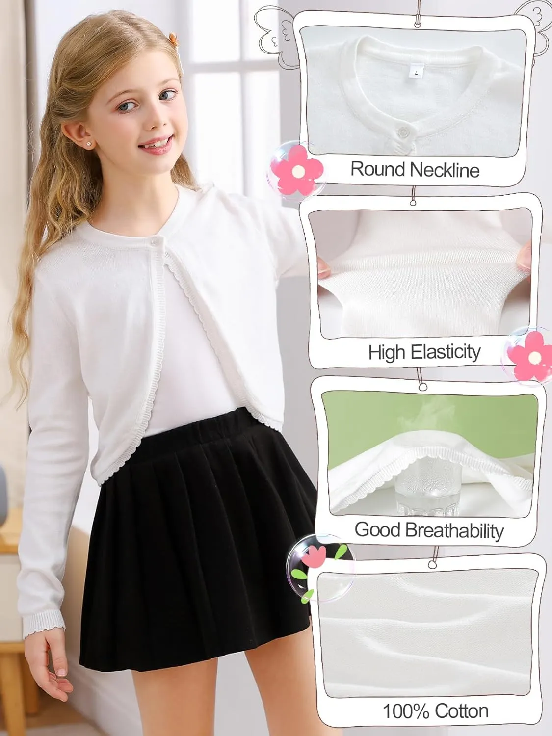 Soudittur Girls Cardigan Sweaters Cotton Long Sleeve Toddler Shrug Button Closure Knitted Dress Cover Up 3-12 Years