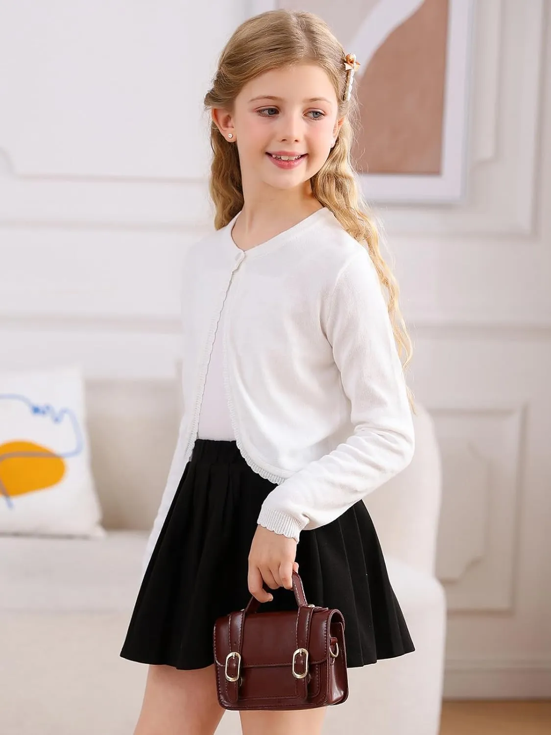 Soudittur Girls Cardigan Sweaters Cotton Long Sleeve Toddler Shrug Button Closure Knitted Dress Cover Up 3-12 Years