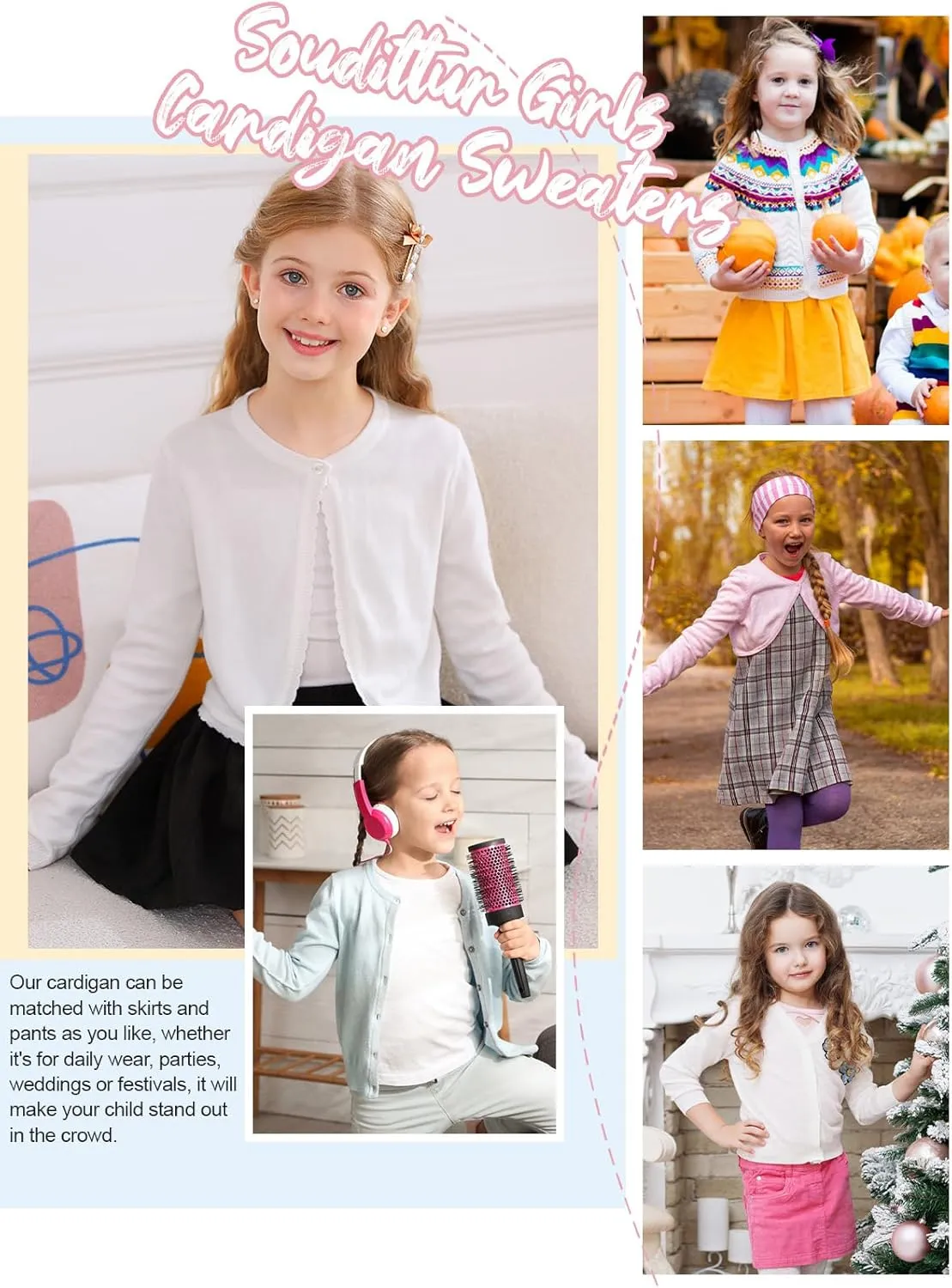 Soudittur Girls Cardigan Sweaters Cotton Long Sleeve Toddler Shrug Button Closure Knitted Dress Cover Up 3-12 Years