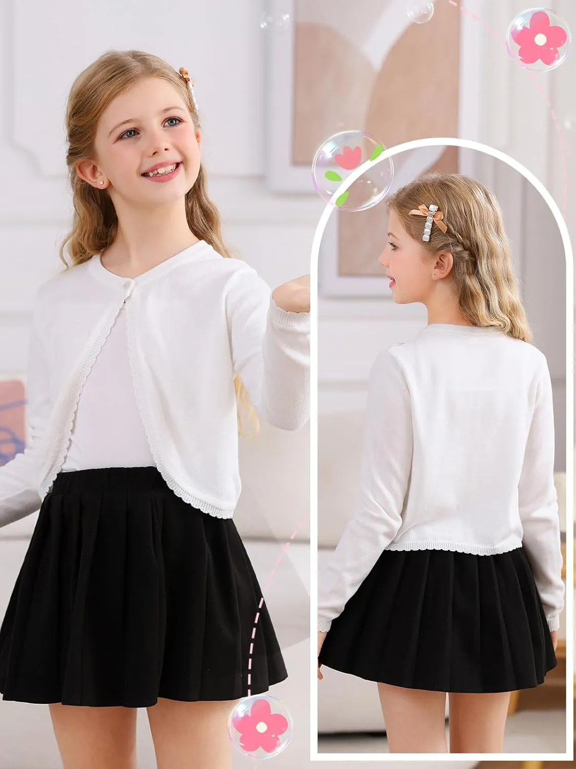 Soudittur Girls Cardigan Sweaters Cotton Long Sleeve Toddler Shrug Button Closure Knitted Dress Cover Up 3-12 Years
