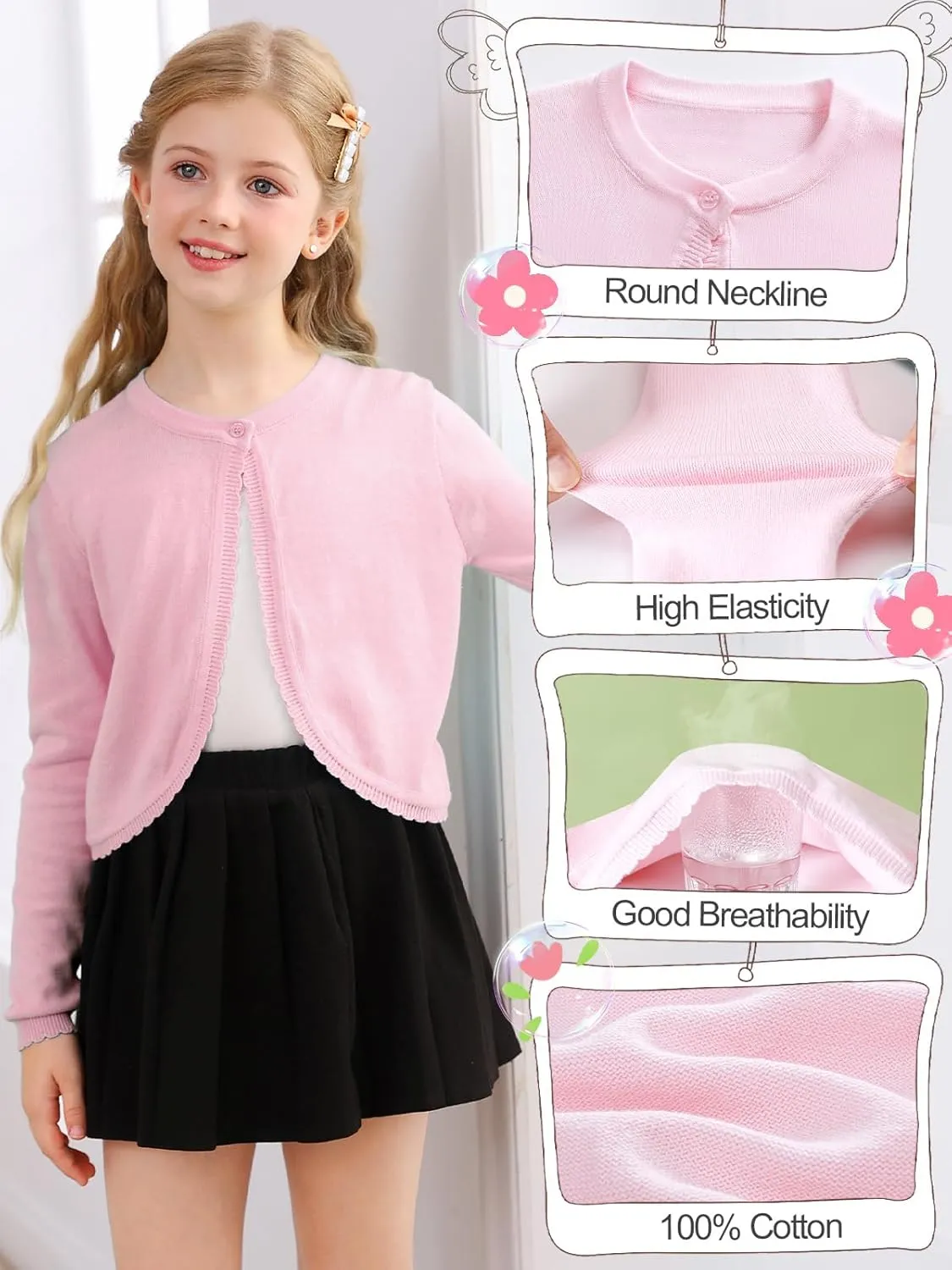 Soudittur Girls Cardigan Sweaters Cotton Long Sleeve Toddler Shrug Button Closure Knitted Dress Cover Up 3-12 Years