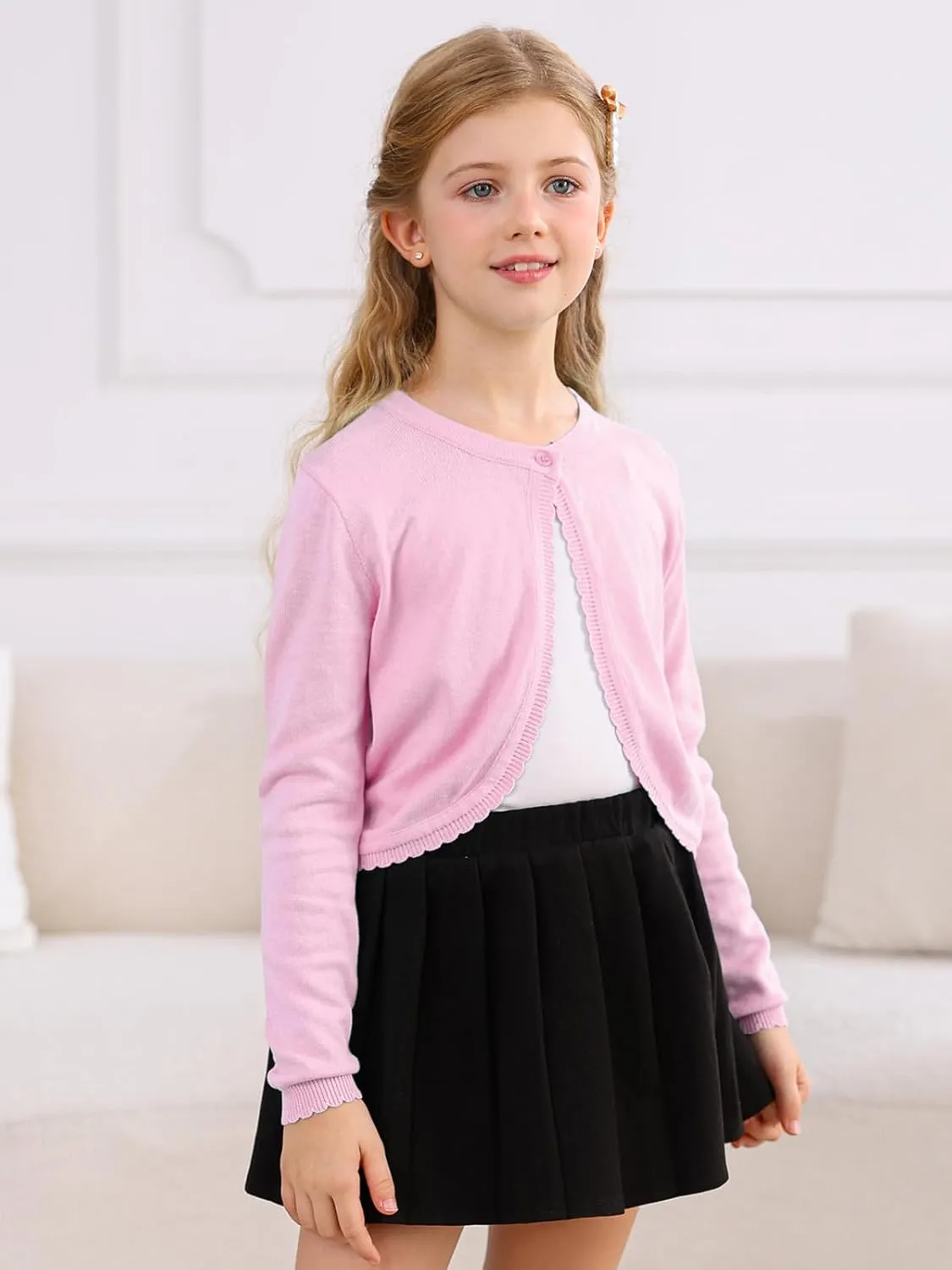 Soudittur Girls Cardigan Sweaters Cotton Long Sleeve Toddler Shrug Button Closure Knitted Dress Cover Up 3-12 Years